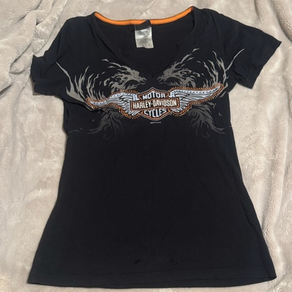 Harley-Davidson || Myrtle Beach, SC Black and Orange Rhinestone Tee (M)